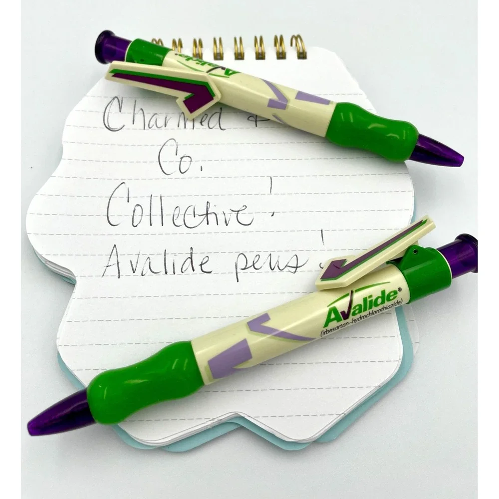 Avalide Checkmark Drug Rep Pens Lot of 2 Vintage Pharma Promo Black Ink Green